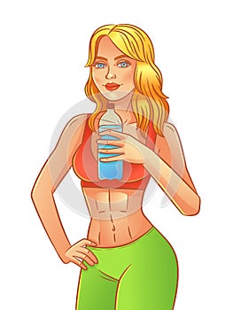 Vector Fitness girl from the gym drinks water.