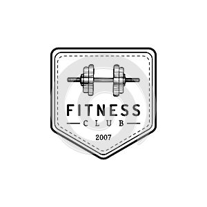 Vector fitness logo. Hand sketched athletic barbell illustration. Gym emblem, badge, sports complex sign, club icon.