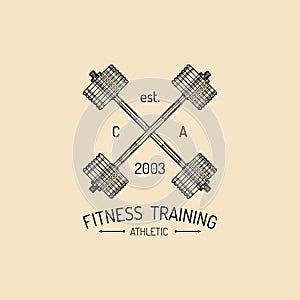 Vector fitness logo. Hand sketched athletic barbells illustration. Gym emblem, badge, sports complex sign, club icon.