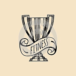 Vector fitness logo. Hand sketched athletic cup illustration. Gym emblem, badge, sports complex sign, club icon.