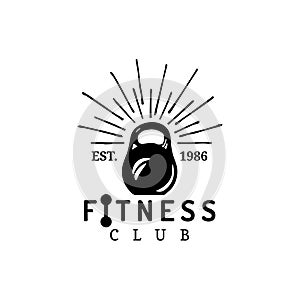 Vector fitness logo. Hand sketched athletic weight illustration. Gym emblem, badge, sports complex sign, club icon.