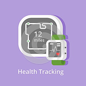 Vector fitness tracker icon. Showing health condition and miles with smart bracelet or heart-rate watch. Wearable