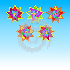 Vector five multicolored stars on blue and pale blue background card, postcard, invitation, illustration