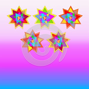 Vector five multicolored stars on pale purple and blue background card, postcard, invitation, illustration