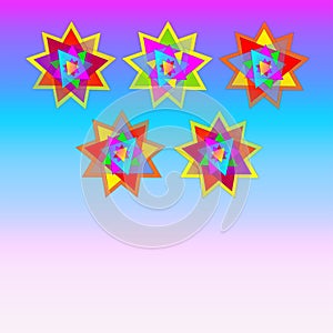 Vector five multicolored stars on purple blue and pink background card, postcard, invitation, illustration