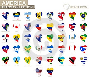 Vector flag collection of American countries. Heart icon set