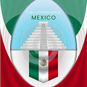 Vector flag for Mexico independence day with aztec pyramid landmark