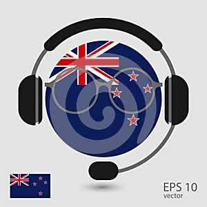 Vector flag of New Zealand with headphones and glasses, vector illustration. Web