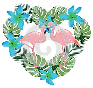 Vector Flamingo, Tropical Flowers and Palm Leaves Heart Shape