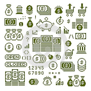 Vector flat 8 bit icons, collection of simple geometric pixel symbols. Digital web signs created in economics and finance concept.