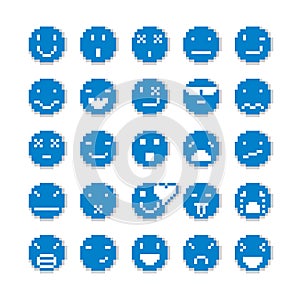 Vector flat 8 bit icons, collection of simple geometric pixel symbols. Simplistic faces of human beings expressing different