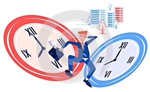 Vector flat abstract illustration running man in business work suit with briefcase, who is in hurry to work.