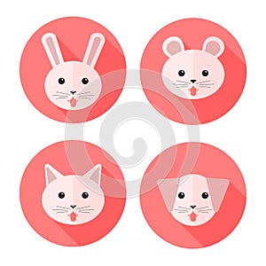 Vector flat animals on circles showing their tongues: dog, cat, rabbit and hamster