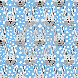 Vector flat animals colorful illustration for kids. Seamless pattern with cute hare face on blue polka dots background