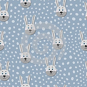 Vector flat animals colorful illustration for kids. Seamless pattern with cute hare face on blue polka dots background