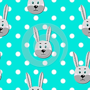 Vector flat animals colorful illustration for kids. Seamless pattern with cute hare face on blue polka dots background. Adorable
