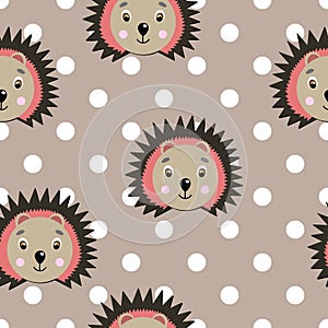 Vector flat animals colorful illustration for kids. Seamless pattern with cute hedgehog face on beige polka dots background.