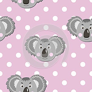 Vector flat animals colorful illustration for kids. Seamless pattern with cute koala face on pink polka dots background. Adorable