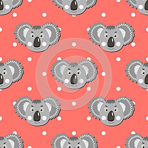Vector flat animals colorful illustration for kids. Seamless pattern with cute koala face on pink polka dots background
