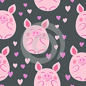 Vector flat animals colorful illustration for kids. Seamless pattern with cute pig on color floral background. Adorable