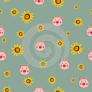 Vector flat animals colorful illustration for kids. Seamless pattern with cute pig face on color floral background