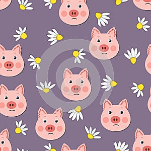 Vector flat animals colorful illustration for kids. Seamless pattern with cute pig face on color floral background