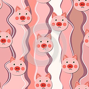 Vector flat animals colorful illustration for kids. Seamless pattern with cute pig face on color floral background