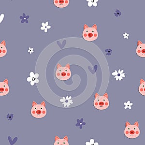 Vector flat animals colorful illustration for kids. Seamless pattern with cute pig face on color polka dots background