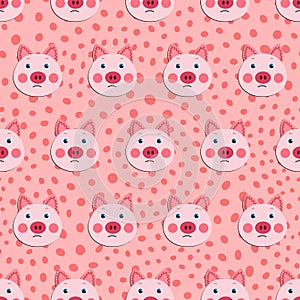 Vector flat animals colorful illustration for kids. Seamless pattern with cute pig face on pink polka dots background.