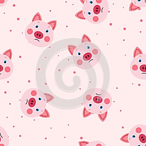 Vector flat animals colorful illustration for kids. Seamless pattern with cute pig face on pink polka dots background. Adorable