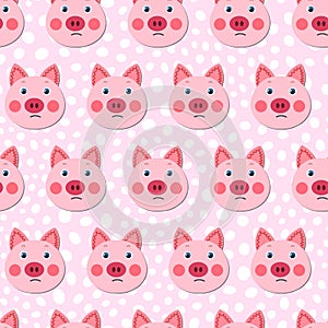 Vector flat animals colorful illustration for kids. Seamless pattern with cute pig face on pink polka dots background