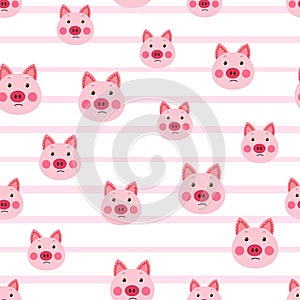 Vector flat animals colorful illustration for kids. Seamless pattern with cute pig face on white striped background. Adorable