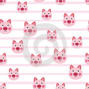 Vector flat animals colorful illustration for kids. Seamless pattern with cute pig face on white striped background