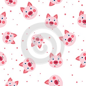 Vector flat animals colorful illustration for kids. Seamless pattern with cute pink pig face on white polka dots