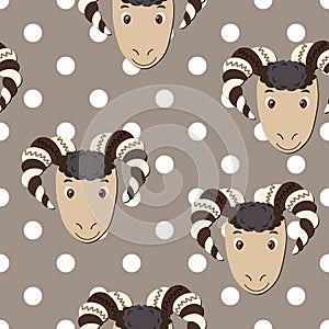 Vector flat animals colorful illustration for kids. Seamless pattern with ram face on beige polka dots background. Cute sheep.