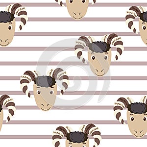 Vector flat animals colorful illustration for kids. Seamless pattern with ram face on white striped background. Cute sheep.