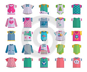 Vector flat baby infant clothes textile icon set design casual fabric colorful dress child garment wear illustration t