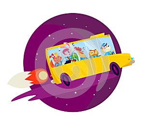 Vector flat back to school illustration with big yellow school bus flying like rocket on dark blue sky isolated.