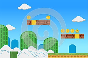 Vector flat birthday invitation with super mario. Cartoon-style background template. Illustration with elements for the