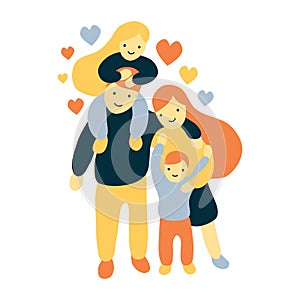 Vector flat and bold style illustration of a four members joyful and happy family