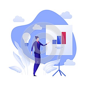 Vector flat business analytics person illustration. Businessman female and chart diagram on board. Concept of marketing, training
