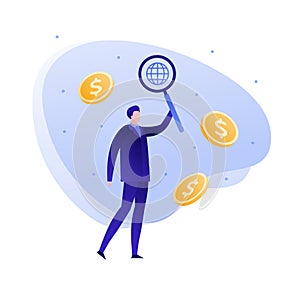 Vector flat business analytics person illustration. Man with magnifying glass and money rain background isolated on white. Concept