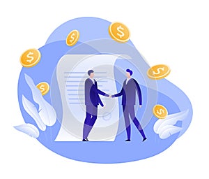 Vector flat business cooperation person illustration. Two male handshake money fall and paper symbol. Concept of success teamwork