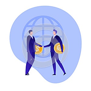 Vector flat business cooperation person illustration.Two man handshake holding half of coin symbol on planet background. Concept