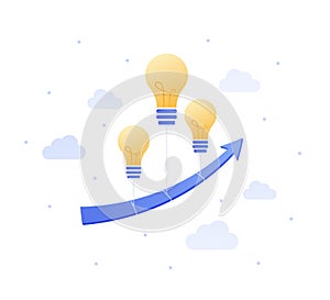 Vector flat business idea illustration. Flying arrow with light bulb balloons on sky background. Concept of innovation, growth,