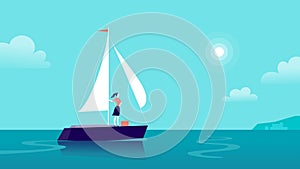 Vector flat business illustration with business lady sailing on ship through ocean towards city on blue clouded sky.