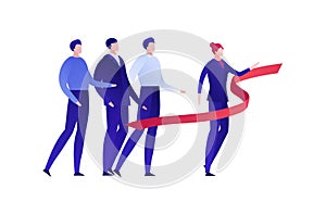 Vector flat business people illustration. Team of businessman in race with businesswoman winner isolated on white. Concept or