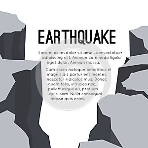 Vector flat card with earthquake and space for text. Splits and cracks. Faults in the ground. Natural disaster. Modern cataclysm.