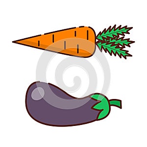 Vector flat cartoon carrot and eggplant icon background