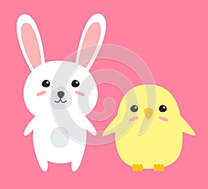 Vector flat cartoon Easter bunny rabbit and chick